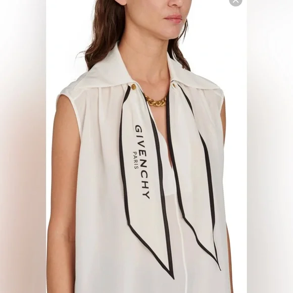 GIVENCHY white silk logo scarf collared sleeveless blouse fr 42 /USA 10 - Picture 2 of 16